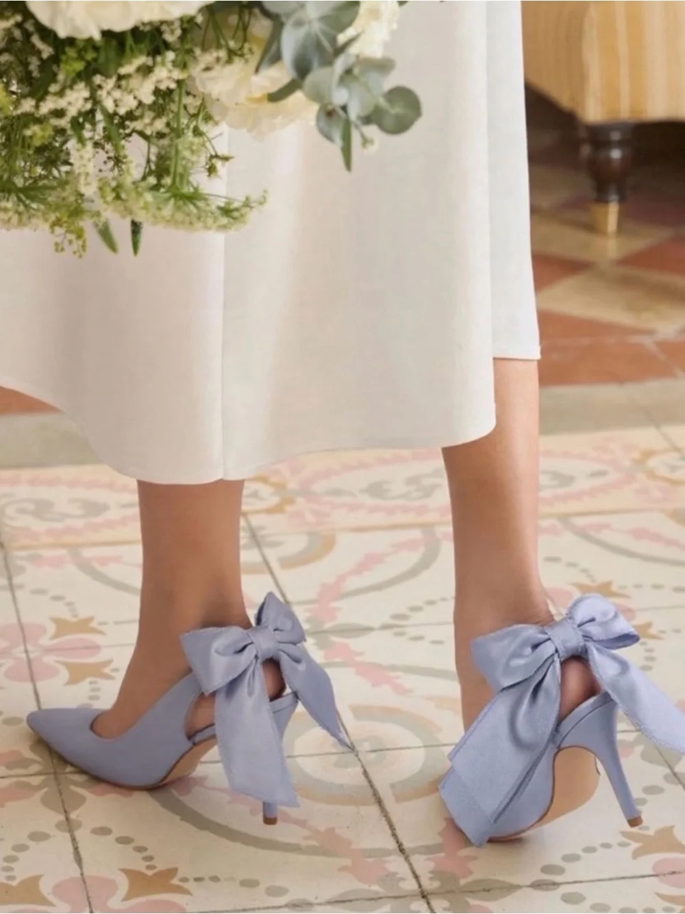 Blue Satin Slingback‎ Heels Bow Stiletto Pumps Wedding Bridal Shoes Size 7 New